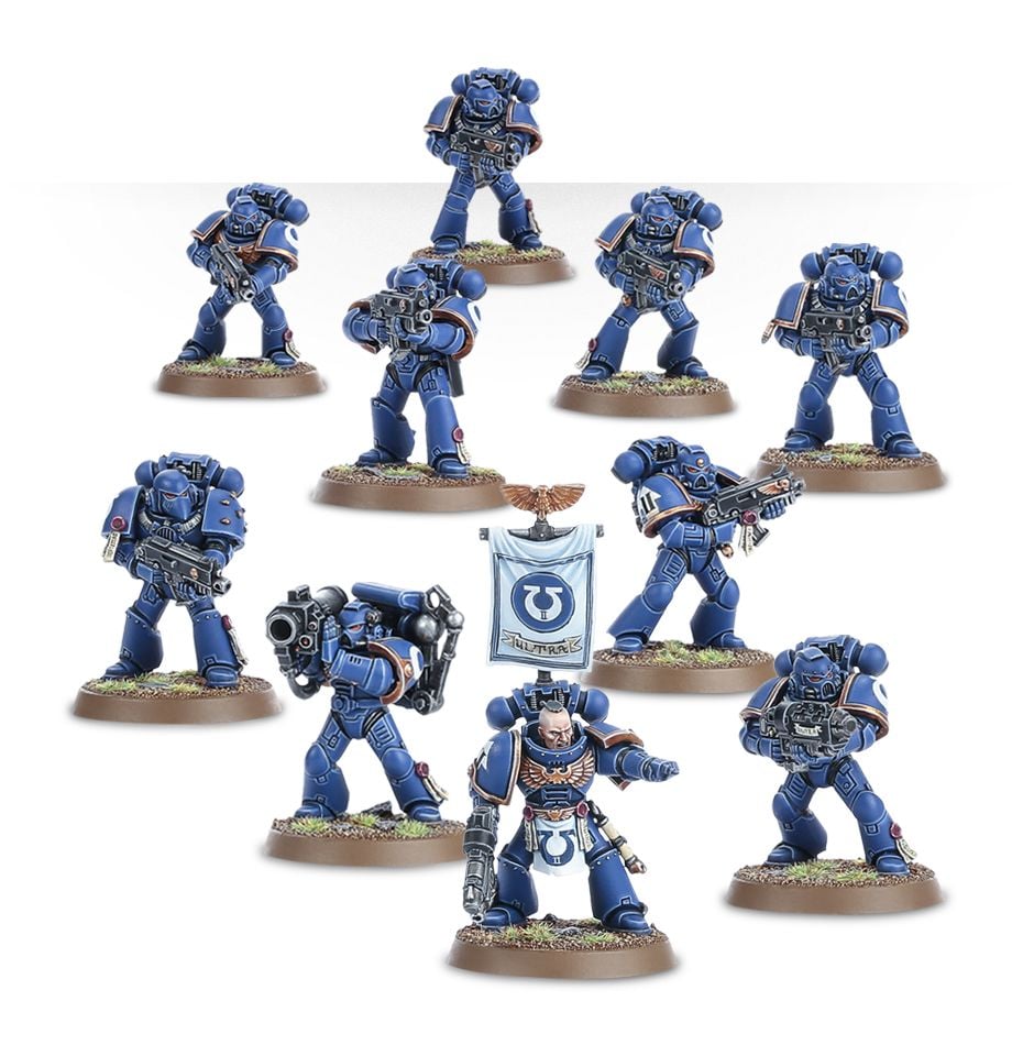 Warhammer 40,000 - Space Marines - Tactical Squad - Ten blue-armored Warhammer 40K Space Marines miniatures in tactical poses with detailed weapons and bases.