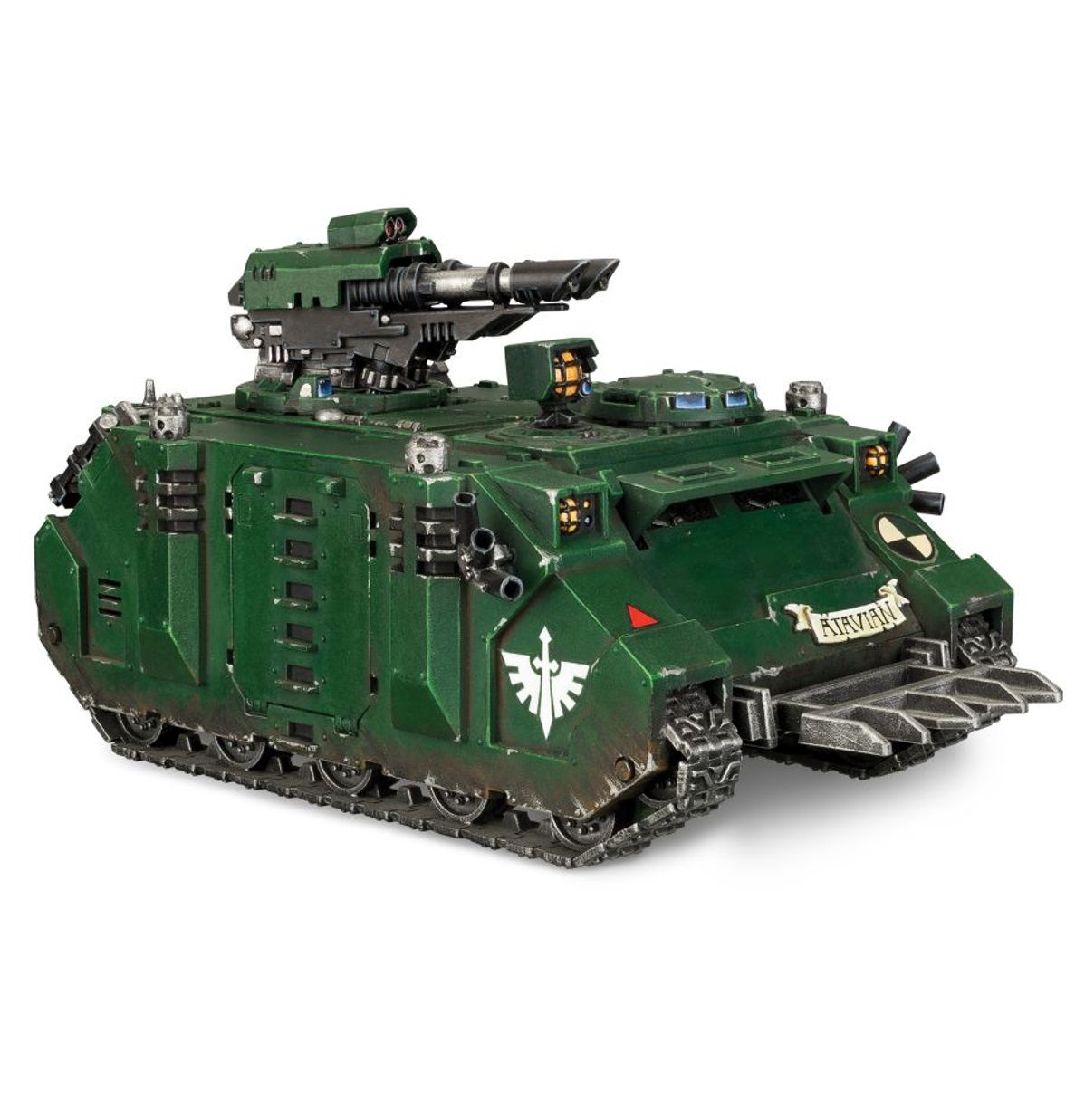 Warhammer 40,000 - Space Marines - Razorback - Dark green armored Warhammer 40K Space Marines Razorback with turret-mounted weapon and tracked wheels.