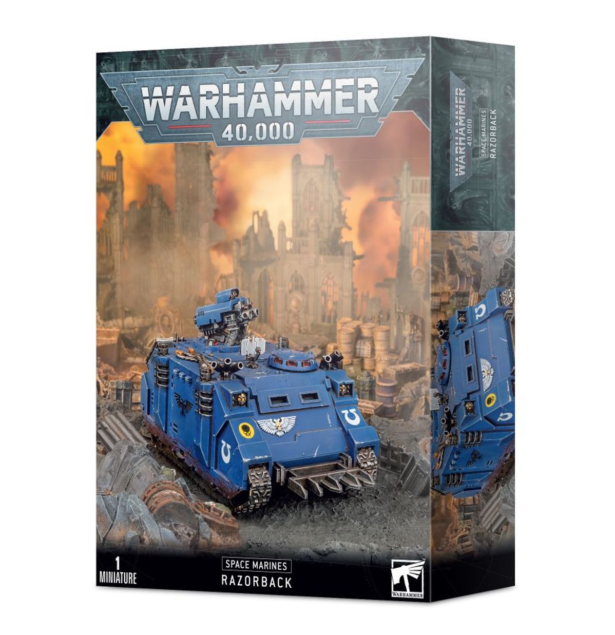 Warhammer 40,000 - Space Marines - Razorback - Warhammer 40,000 Space Marines Razorback blue armored tank model with turret and spiked front grille on battlefield.