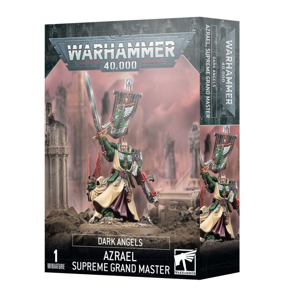 Warhammer 40,000 - Dark Angels - Azrael, Supreme Grand Master - Warhammer 40,000 Dark Angels Azrael miniature with green armor, white robes, and ornate sword on battlefield base.
