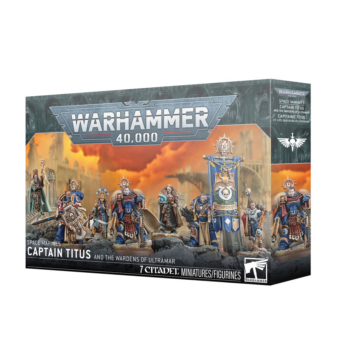 Warhammer 40,000 - Space Marines - Captain Titus and The Wardens of Ultramar - Boxed set of seven detailed Space Marines miniatures with blue armor and gold accents, featuring Captain Titus and banner.