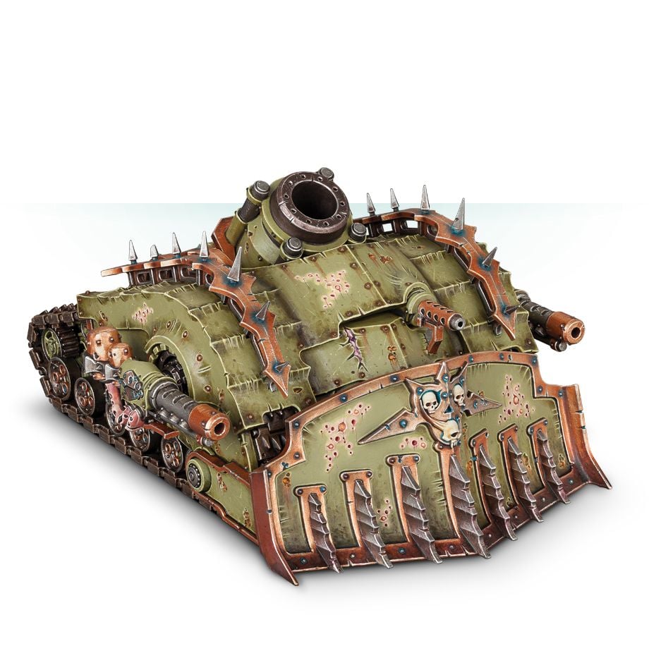 Warhammer 40,000 - Death Guard - Plagueburst Crawler - Green Death Guard Plagueburst Crawler tank model with spikes, rust effects, and heavy armor plating.
