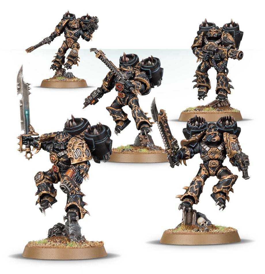 Warhammer 40,000 - Chaos Space Marines - Raptors - Five detailed Chaos Space Marines Raptors miniatures in black and bronze armor with wings, weapons, and dynamic poses on.