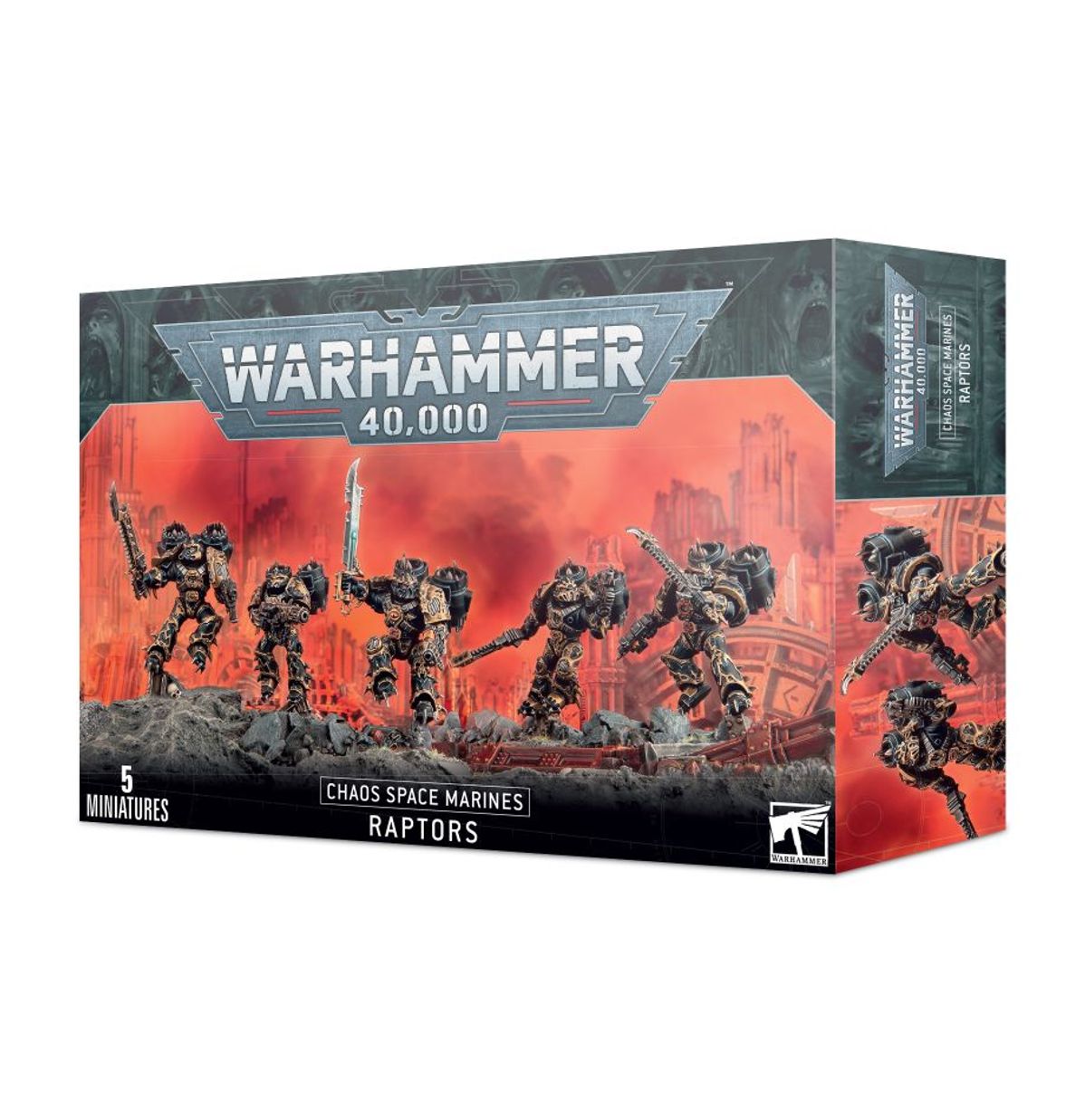 Warhammer 40,000 - Chaos Space Marines - Raptors - Warhammer 40,000 Chaos Space Marines Raptors box with five detailed black and red miniature figures on fiery battlefield.