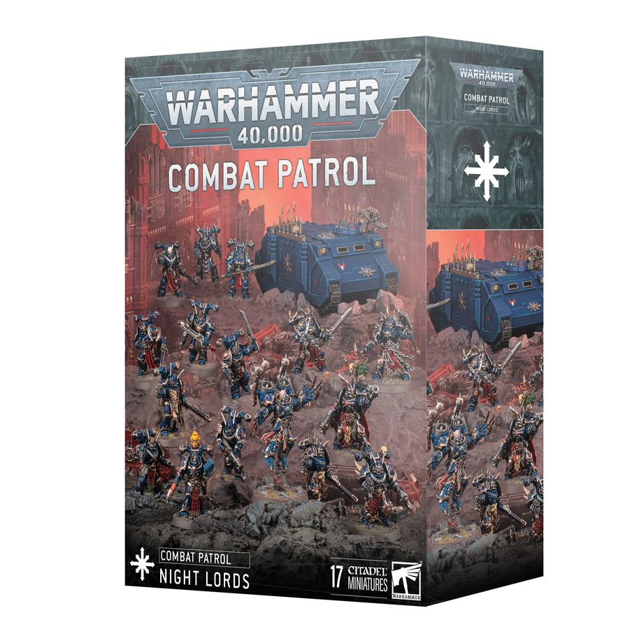 Warhammer 40,000 - Night Lords - Combat Patrol (PREORDER) - Warhammer 40,000 Night Lords Combat Patrol box featuring dark blue armored miniatures and vehicles on a fiery red.