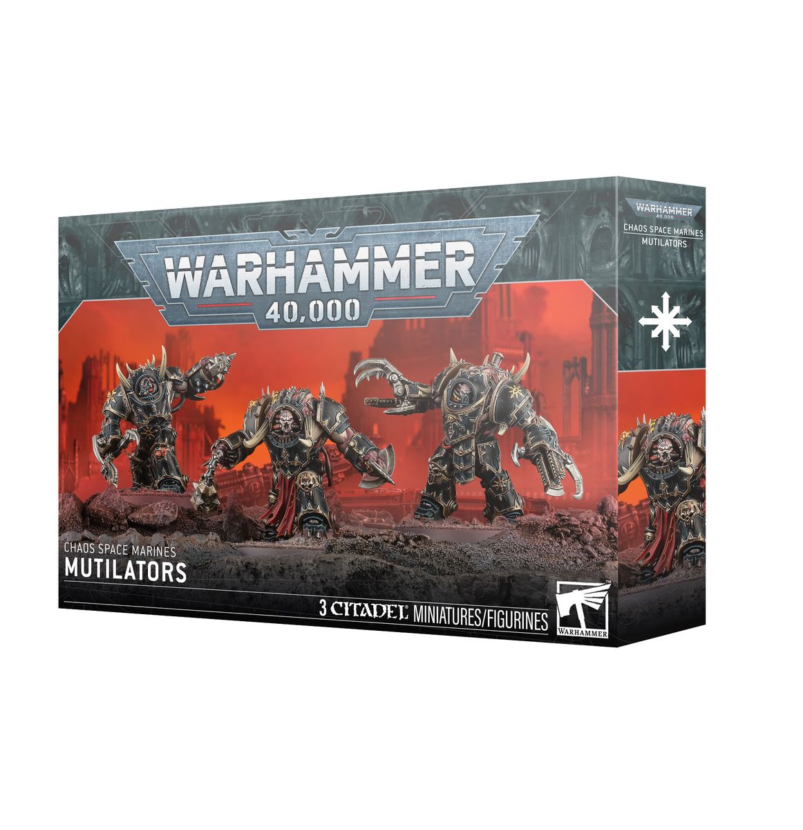 Warhammer 40,000 - Chaos Space Marines - Mutilators (PREORDER) - Warhammer 40,000 Chaos Space Marines Mutilators boxed set with four detailed armored warrior miniatures in dark, metallic.