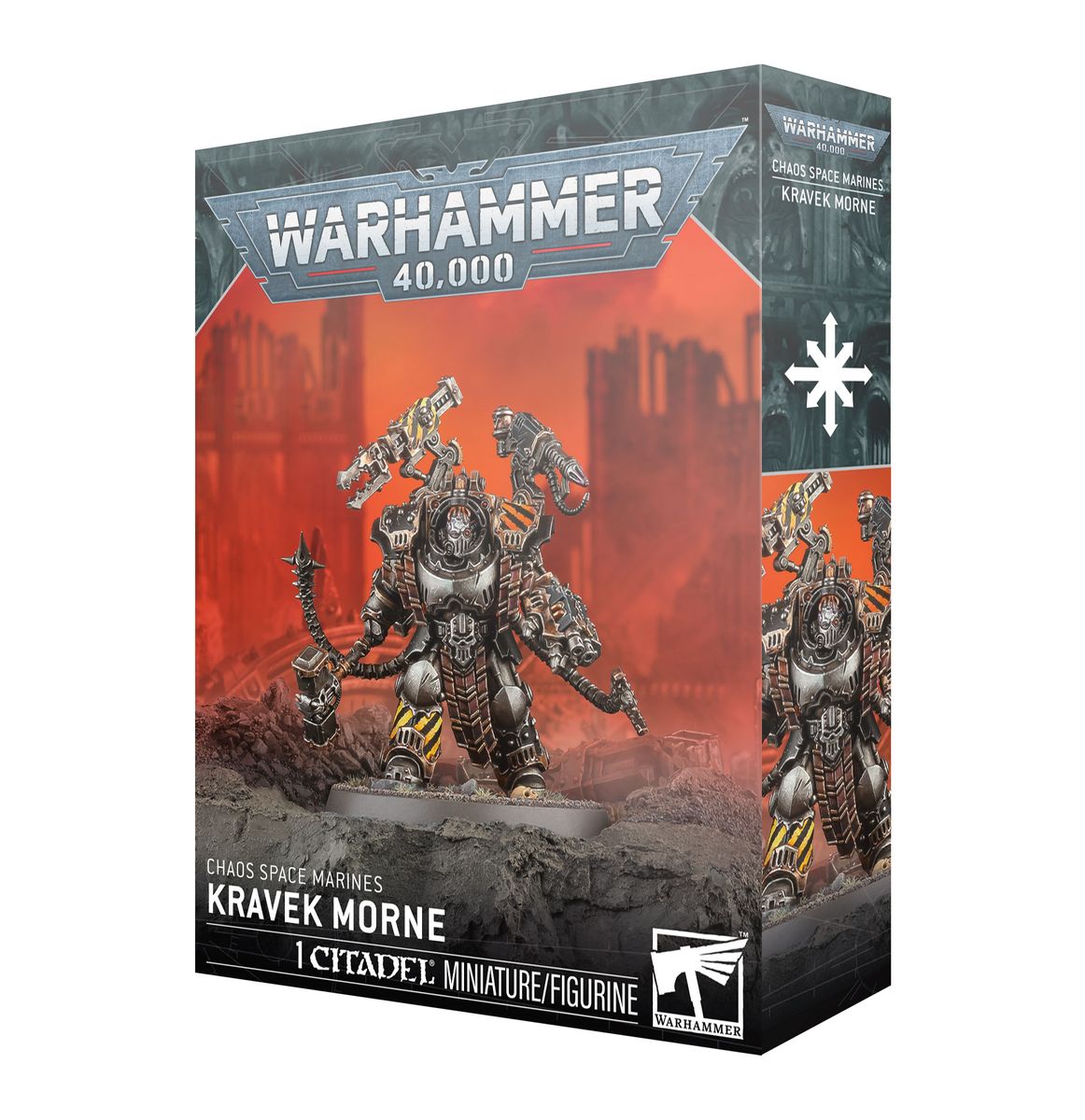 Warhammer 40,000 - Chaos Space Marines - Kravek Morne (PREORDER) - Warhammer 40,000 Chaos Space Marines Kravek Morne boxed Citadel miniature figure set with dark metallic armor and red.