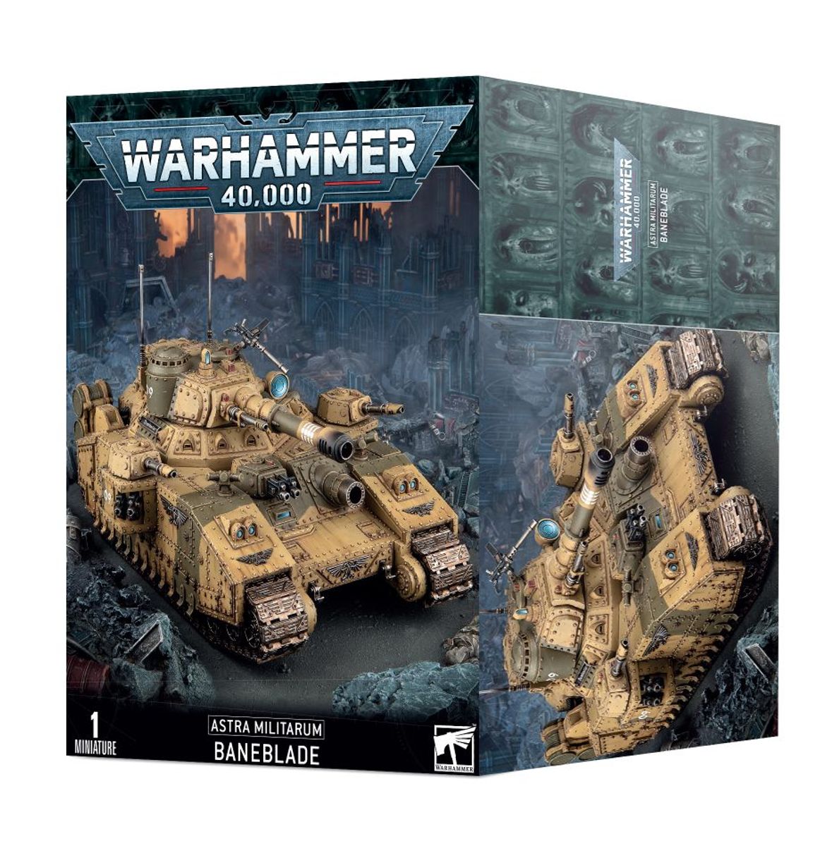 Warhammer 40,000 - Astra Militarum - Baneblade - Tan armored futuristic tank model with multiple turrets and heavy weaponry from Warhammer 40,000 Astra Militarum series.