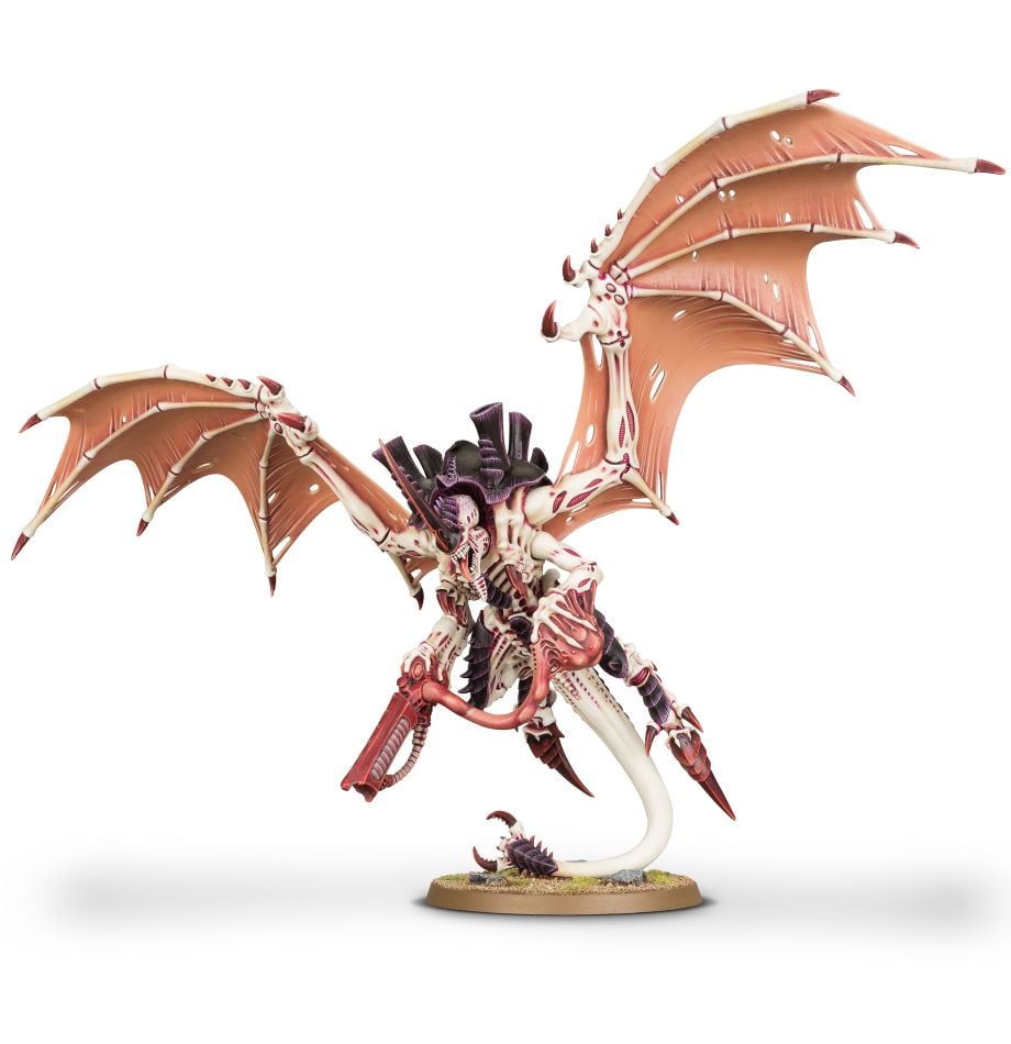 Warhammer 40,000 - Tyranids - Winged Hive Tyrant - Red and purple winged alien creature miniature with bony exoskeleton and extended claws on round base.