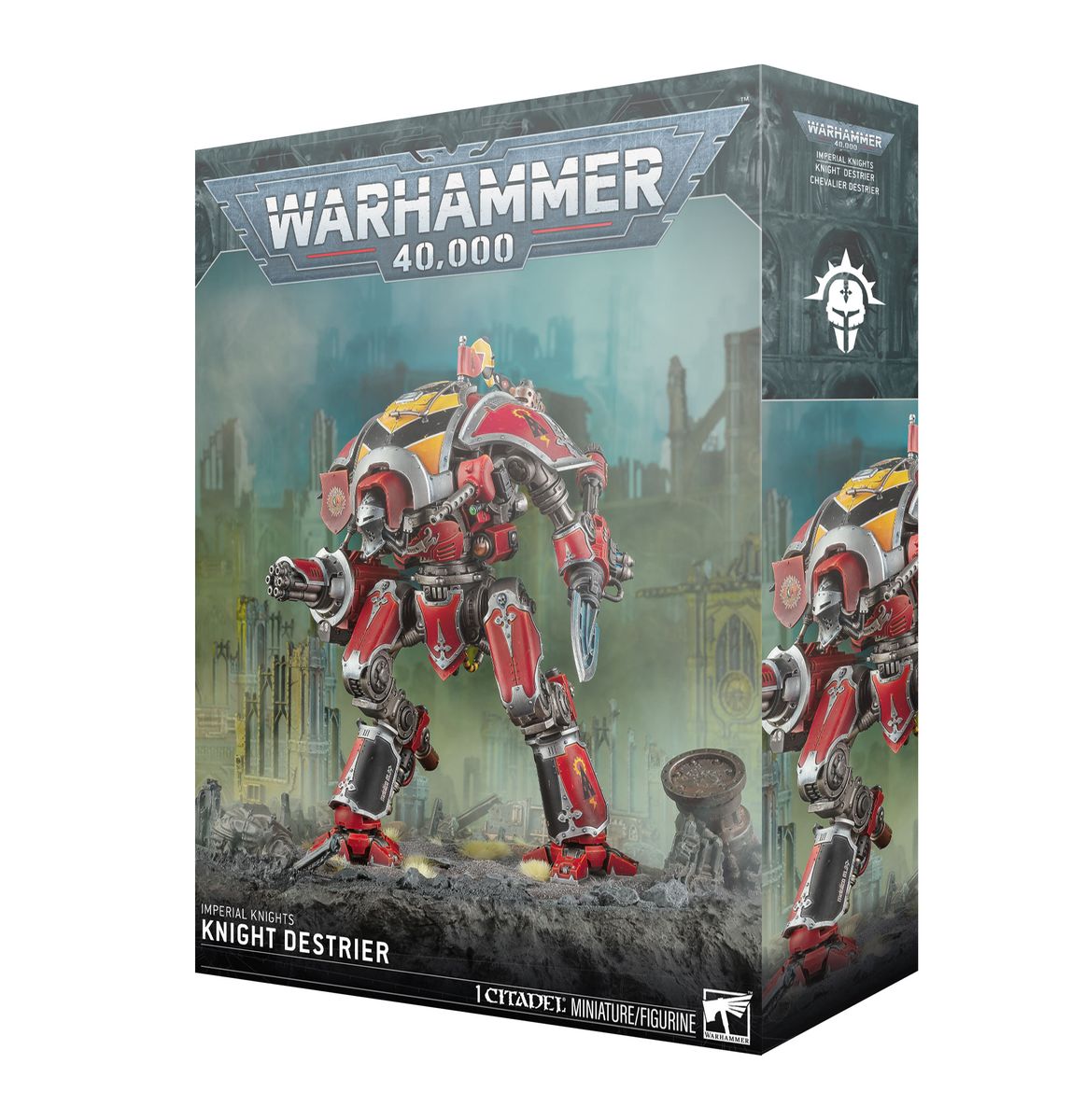 Warhammer 40,000 - Imperial Knights - Knight Destrier (PREORDER) - Warhammer 40,000 Knight Destrier model box featuring a red and silver robotic walker with yellow accents in a futuristic.