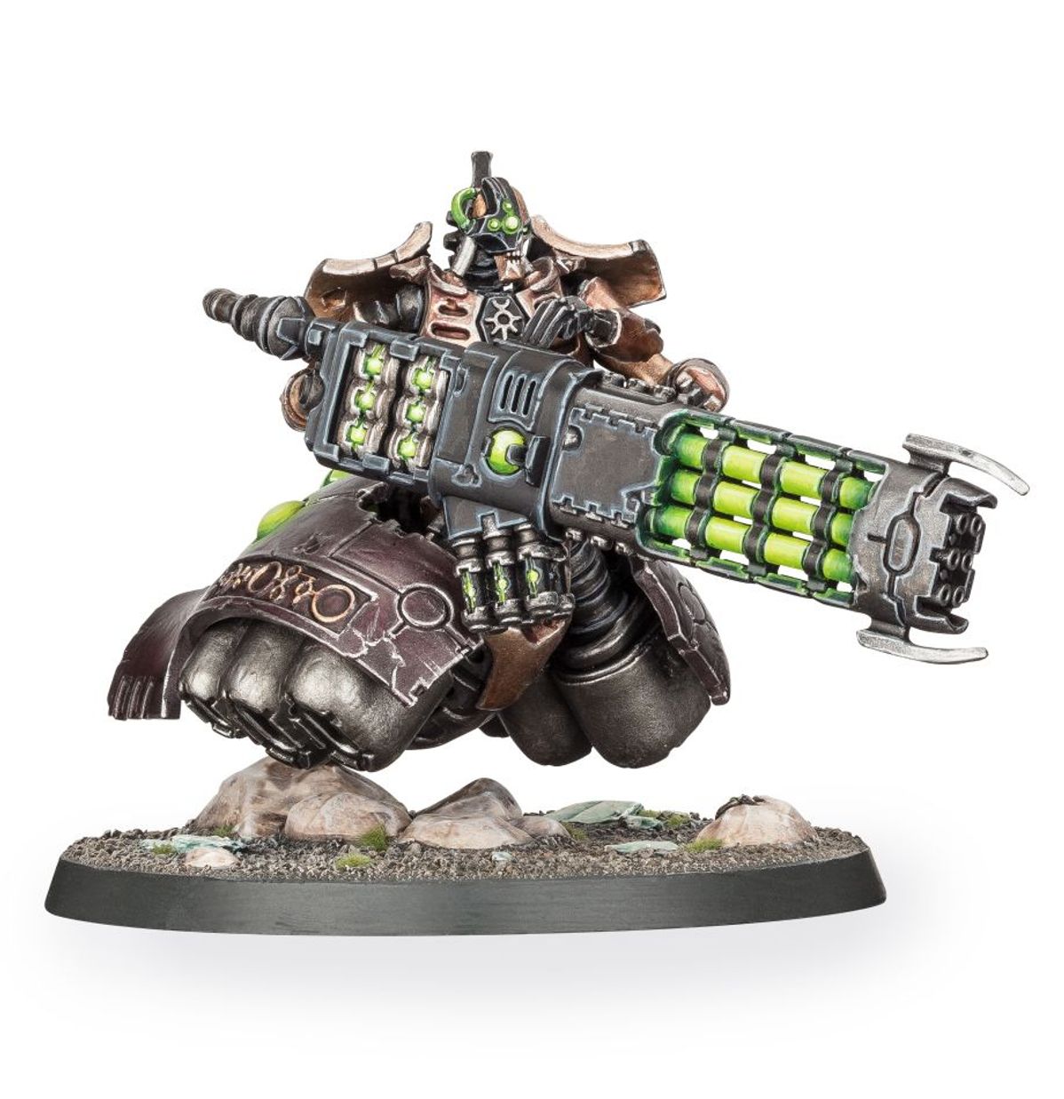 Warhammer 40,000 - Necrons - Lokhust Heavy Destroyer - Warhammer 40,000 Necron Lokhust Heavy Destroyer with large green-glowing cannon on segmented metallic hover base.