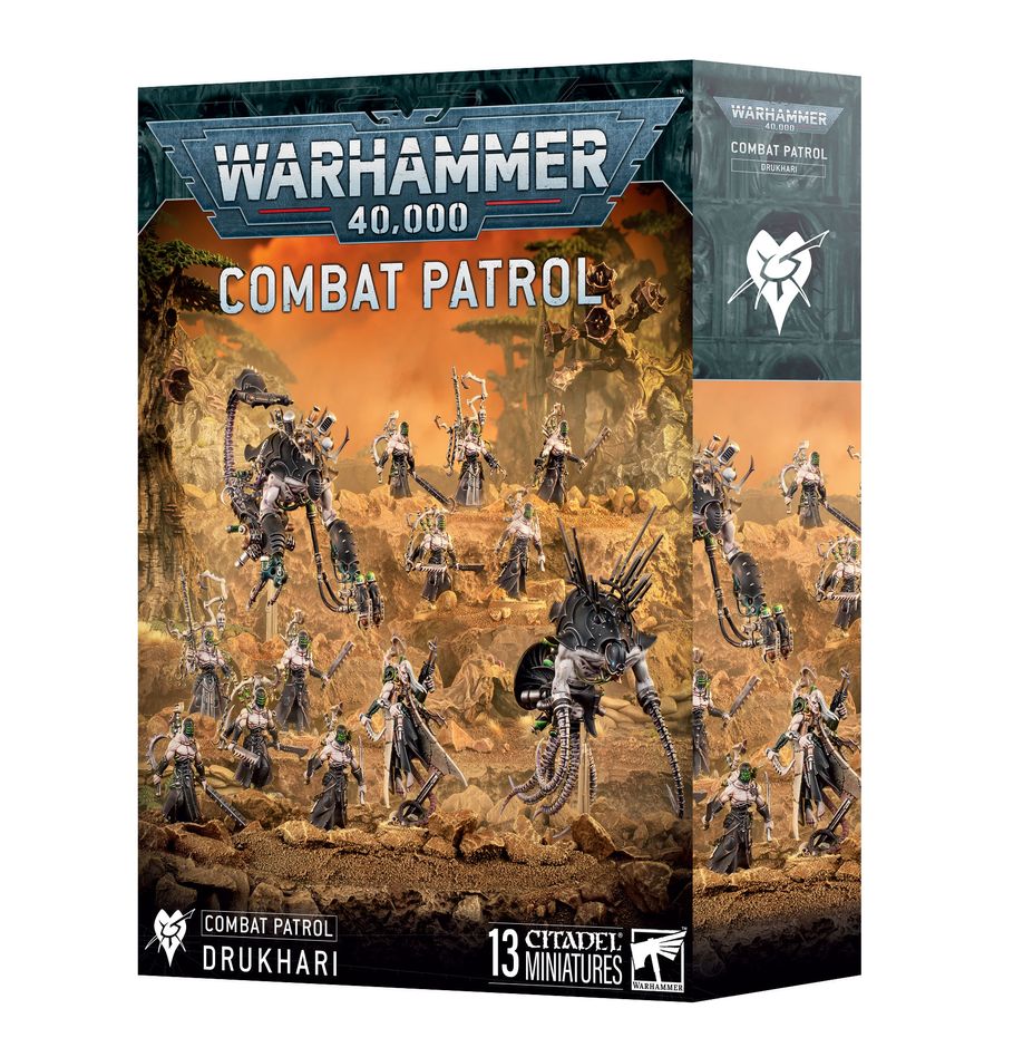 Warhammer 40,000 - Drukhari - Combat Patrol - Warhammer 40,000 Drukhari Combat Patrol box featuring assembled dark futuristic alien warrior miniatures with sleek armor.