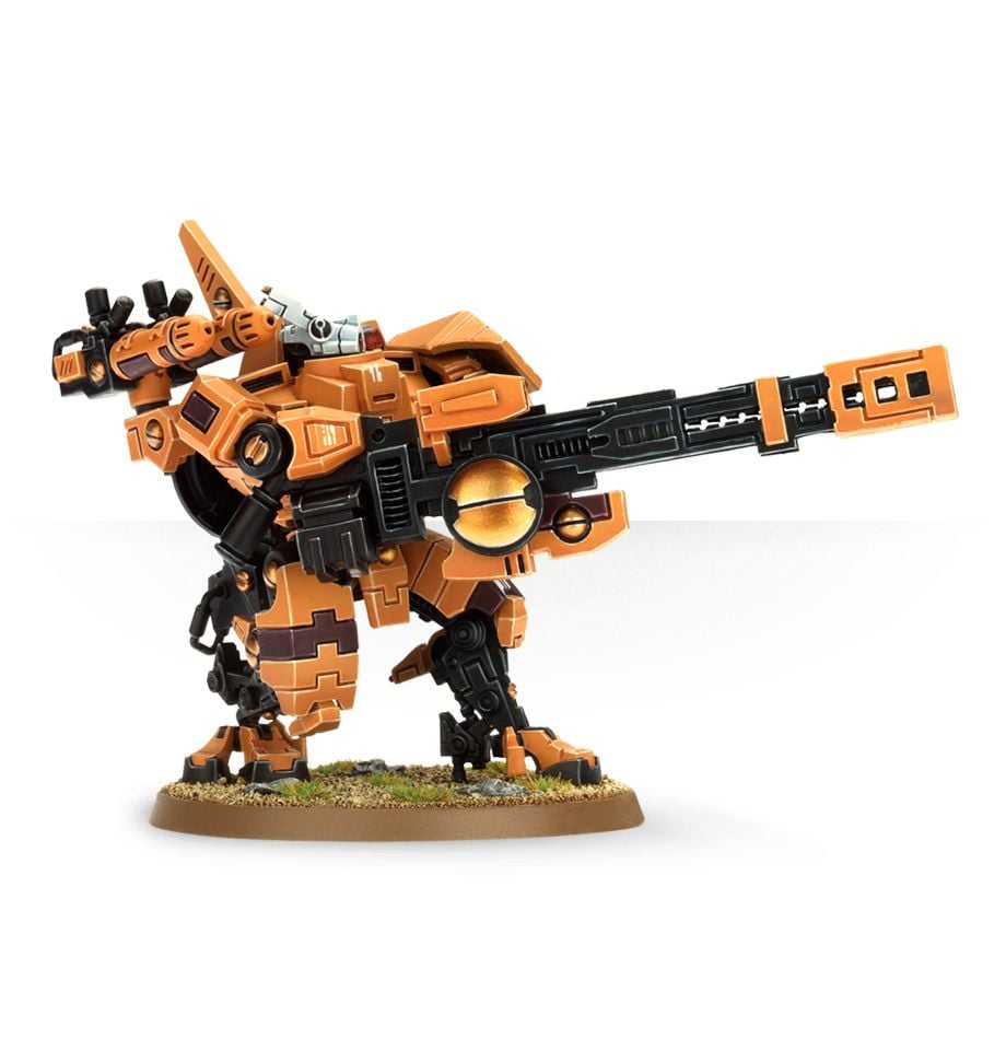 Warhammer 40,000 - T'au Empire - Broadside Battlesuit - Orange and black robotic battlesuit with long rifle and heavy armor, standing on scenic base.