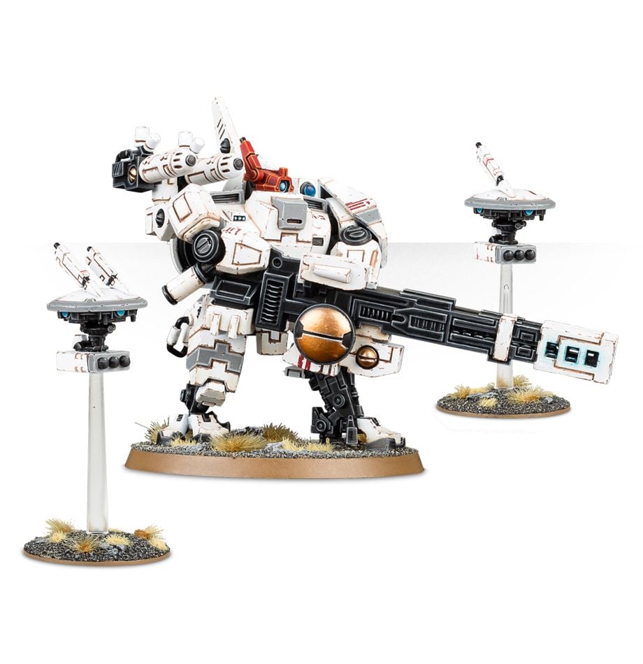 Warhammer 40,000 - T'au Empire - Broadside Battlesuit - White and black T'au Empire Broadside Battlesuit with large missile launcher and drone stands on textured base.