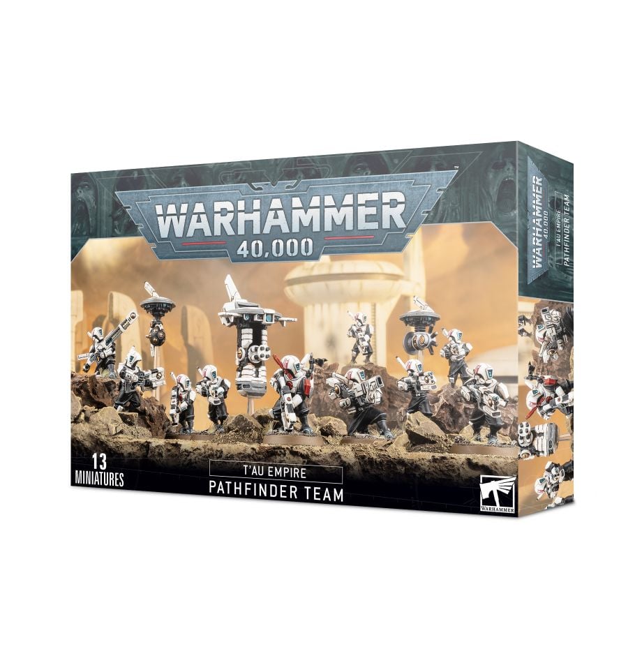 Warhammer 40,000 - T'au Empire - Pathfinder Team - Warhammer 40,000 T'au Empire Pathfinder Team box featuring detailed miniatures set on battlefield terrain with futuristic.
