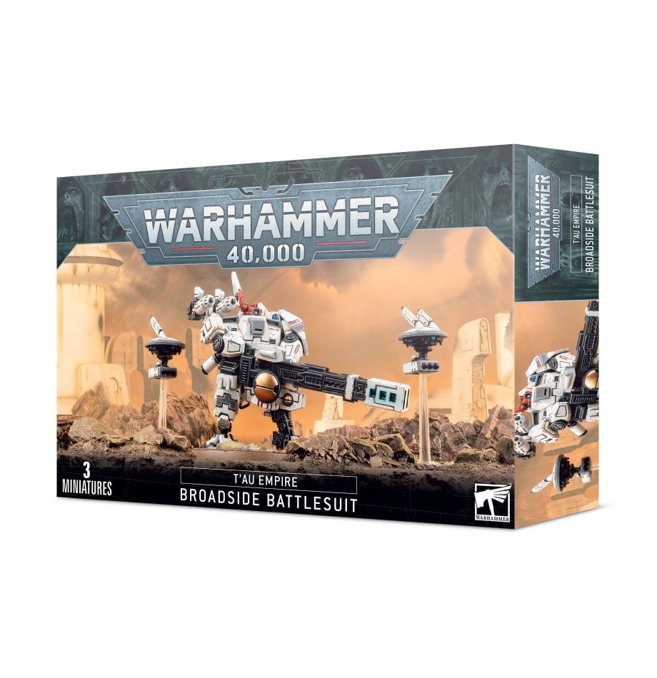 Warhammer 40,000 - T'au Empire - Broadside Battlesuit - Warhammer 40,000 T'au Empire Broadside Battlesuit model box art showing a large white and gray mech with heavy weaponry in a .