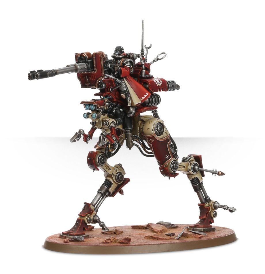 Warhammer 40,000 - Adeptus Mechanicus - Ironstrider - Red and bronze armored Warhammer 40K Adeptus Mechanicus Ironstrider walker with mounted cannon on oval base.