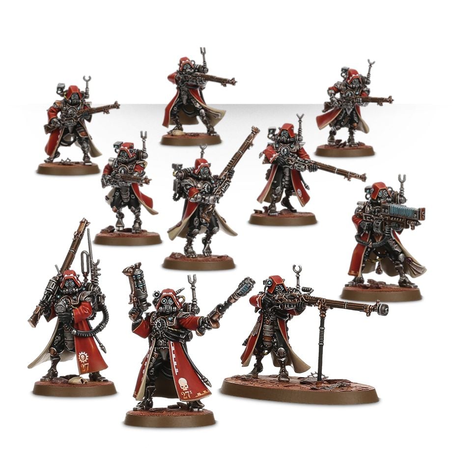 Warhammer 40,000 - Adeptus Mechanicus - Skitarii - Set of 10 Warhammer 40,000 Skitarii miniatures with red armor, mechanical limbs, and various weapons including rifles and.