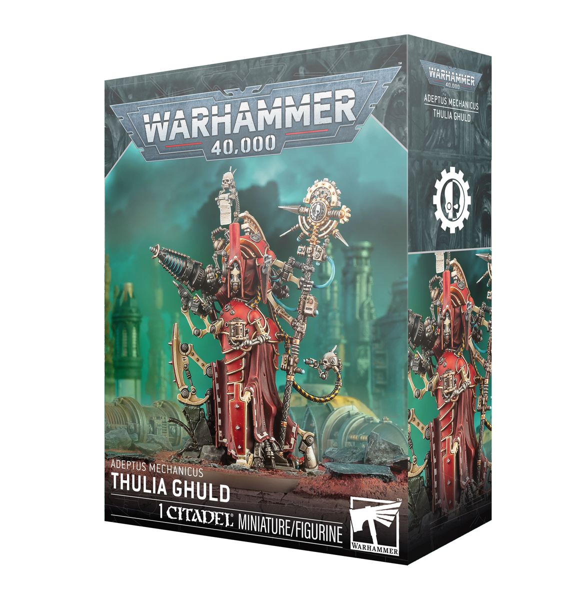 Warhammer 40,000 - Adeptus Mechanicus - Thulia Ghuld (PREORDER) - Warhammer 40,000 Adeptus Mechanicus Thulia Ghuld miniature box art showing red and bronze armored female figure with.