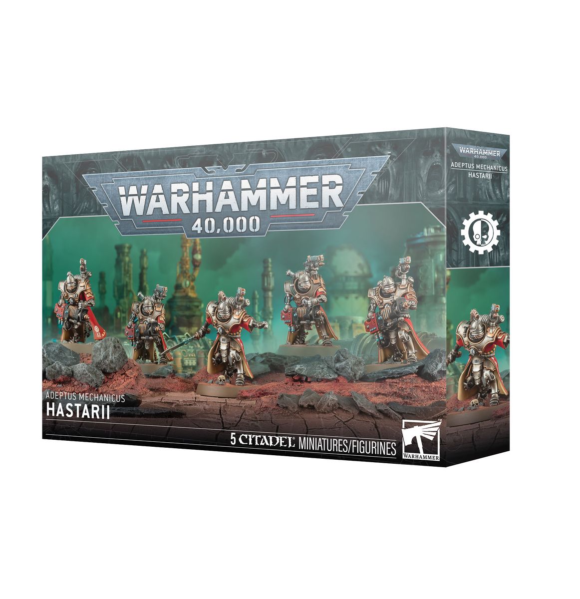 Warhammer 40,000 - Adeptus Mechanicus - Hastarii (PREORDER) - Boxed set of six detailed Adeptus Mechanicus Hastarii warrior miniatures in red and metallic armor with mechanical.
