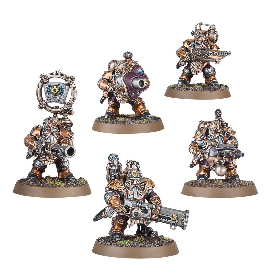 Warhammer Age of Sigmar - Kharadron Overlords - Grundstok Trailblazers Spearhead - Five bronze and silver armored dwarf warrior miniatures wielding large mechanical weapons and wearing intricate.