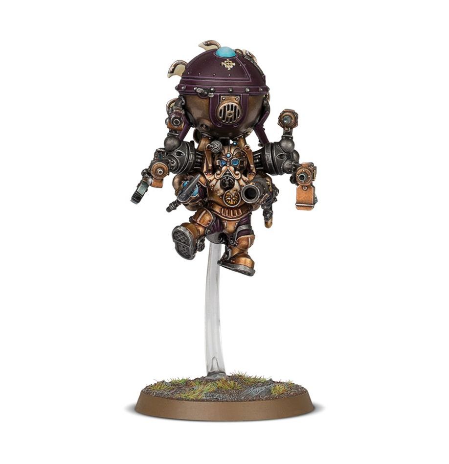 Warhammer Age of Sigmar - Kharadron Overlords - Grundstok Trailblazers Spearhead - Metallic bronze steampunk dwarf warrior miniature with a spherical purple helmet, mechanical arms, and floating base with.