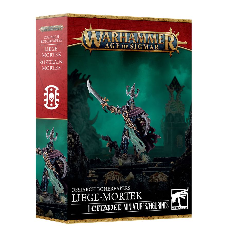 Warhammer Age of Sigmar - Ossiarch Bonereapers - Liege-Mortek (PREORDER) - Warhammer Age of Sigmar Liege-Mortek miniature box with skeletal warrior figure wielding curved weapon and armor details.