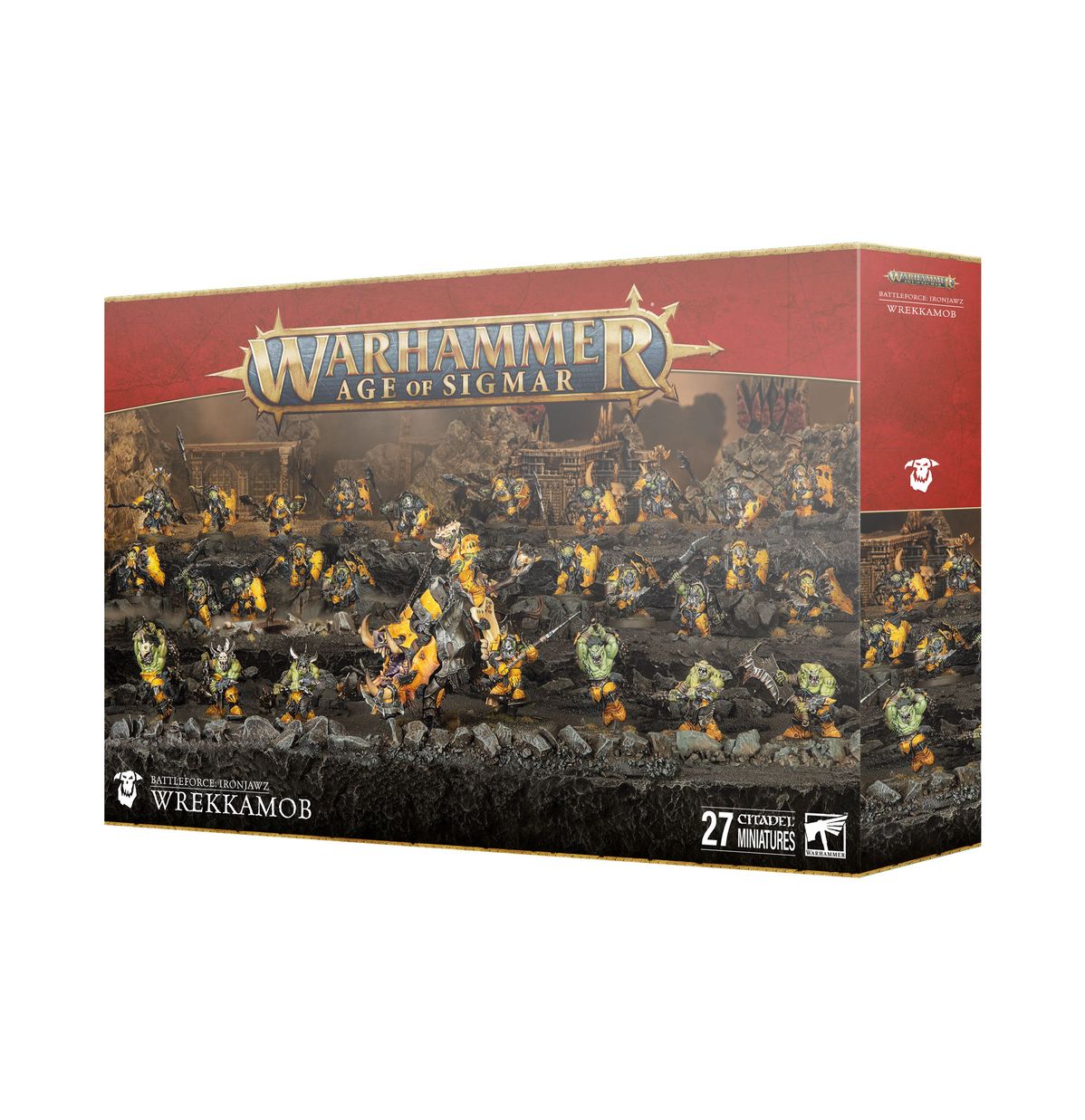 Warhammer Age of Sigmar - Ironjawz - Wrekkamob Battleforce - Warhammer Age of Sigmar Ironjawz Wrekkamob Battleforce box with 27 orc miniatures in yellow armor wielding weapons on rocky.