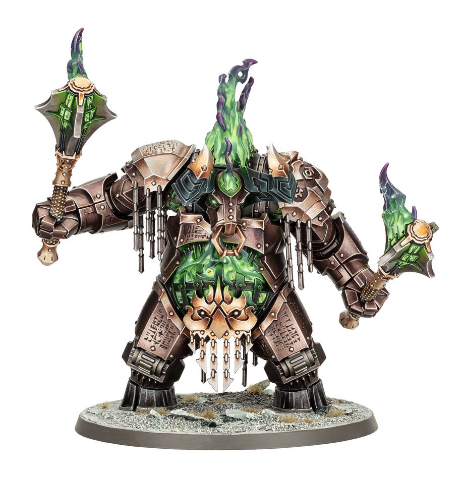 Warhammer Age of Sigmar - Helsmiths of Hashut - Dominator Engine (PREORDER) - Armored mechanical war machine with bronze and dark metal plating, glowing green flames, and spiked weapons on each arm,.
