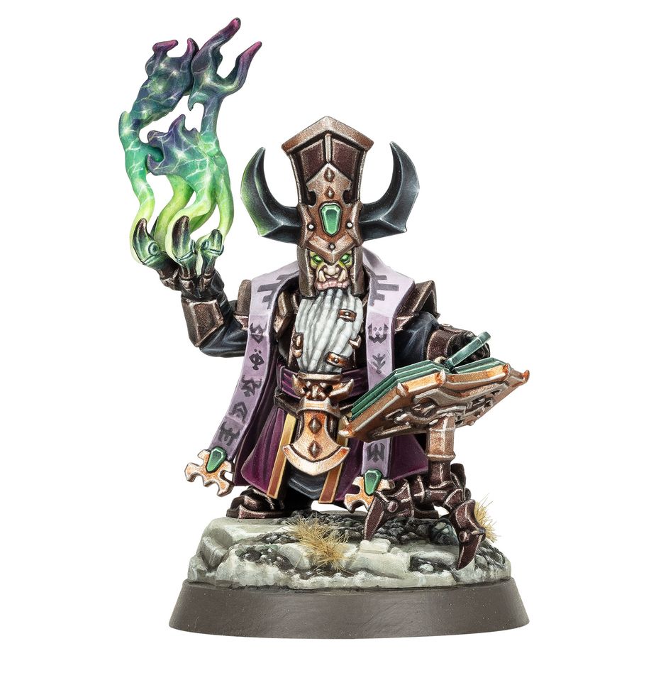 Warhammer Age of Sigmar - Helsmiths of Hashut - Daemonsmith (PREORDER) - Warhammer figure of Daemonsmith with tall horned helmet, purple and gold robes, and green flame in right hand, holding a.