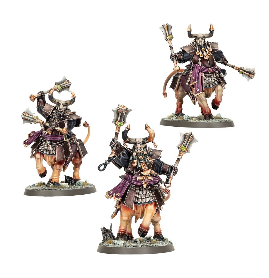 Warhammer Age of Sigmar - Helsmiths of Hashut - Bull Centaurs (PREORDER) - Three detailed bull centaur miniatures in dark armor with purple cloth, horned helmets, and holding spiked mace weapons on.