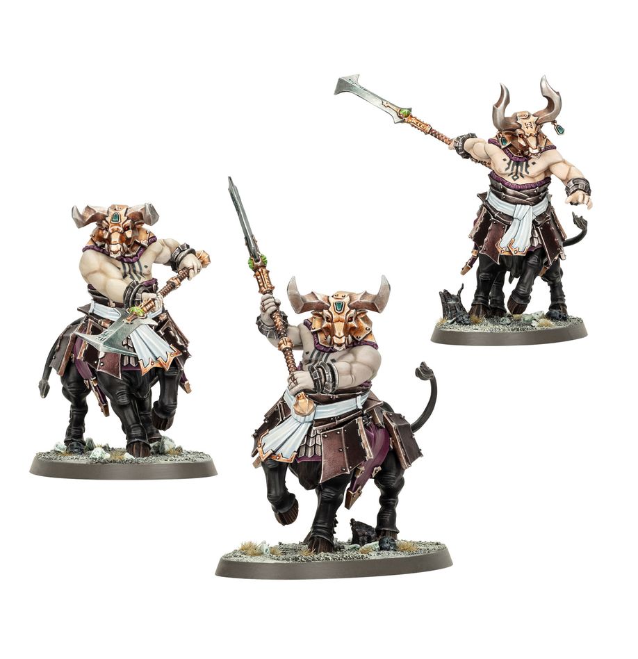 Warhammer Age of Sigmar - Helsmiths of Hashut - Bull Centaurs (PREORDER) - Three detailed Warhammer Age of Sigmar Bull Centaur miniatures with muscular humanoid torsos and bull heads, wielding.