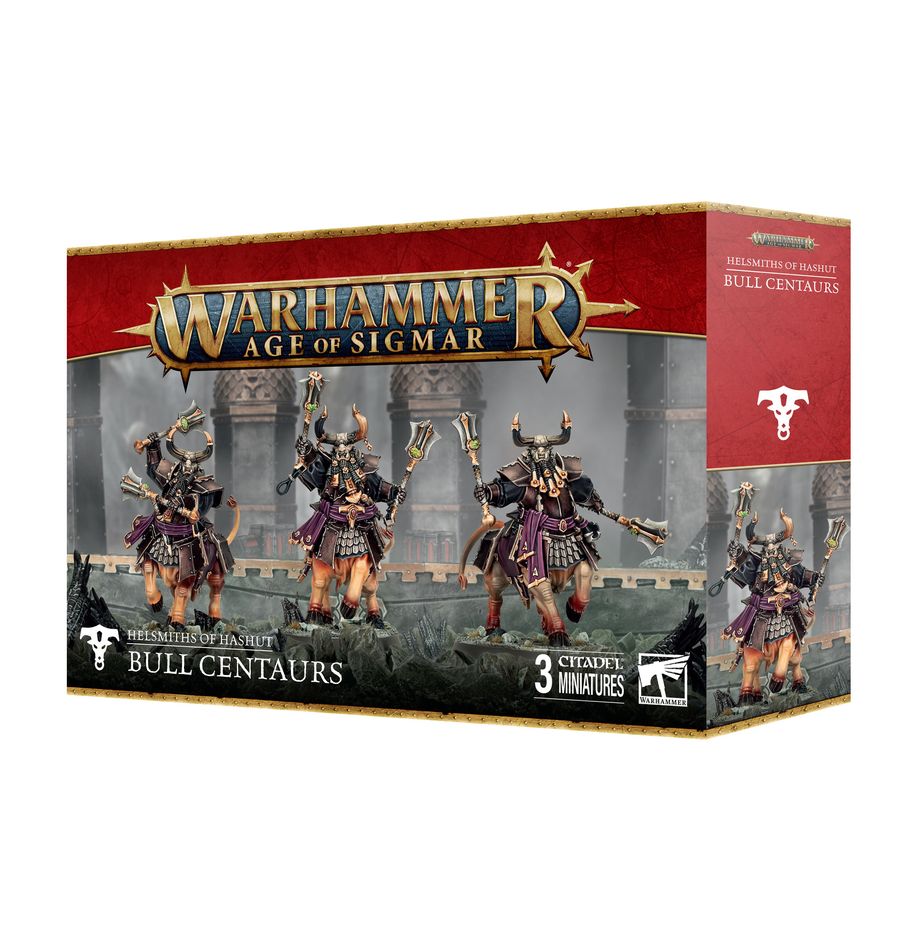 Warhammer Age of Sigmar - Helsmiths of Hashut - Bull Centaurs (PREORDER) - Warhammer Age of Sigmar Helsmiths of Hashut Bull Centaurs boxed set showing three unpainted detailed bull centaur miniatures