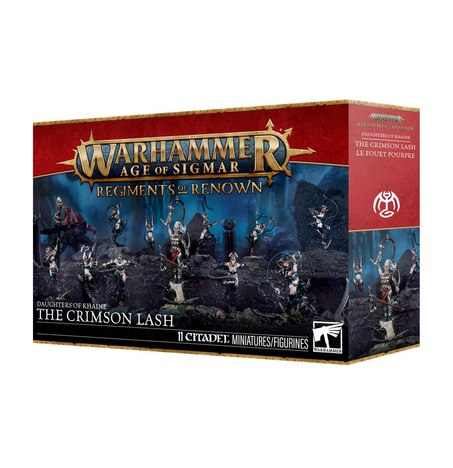 Warhammer Age of Sigmar - Daughters of Khaine - The Crimson Lash Regiment of Renown (PREORDER) - Warhammer Age of Sigmar Daughters of Khaine Crimson Lash box with dark fantasy artwork and miniature figures on cover.