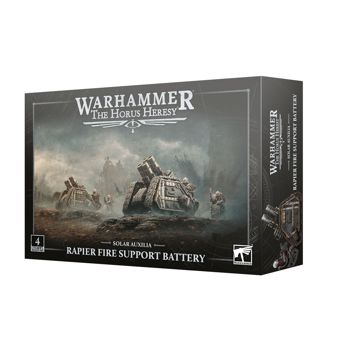 Warhammer: The Horus Heresy - Solar Auxilia - Rapier Fire Support Battery (PREORDER) - Warhammer Horus Heresy Solar Auxilia Rapier Fire Support Battery box with detailed sci-fi artillery models on battlefield.