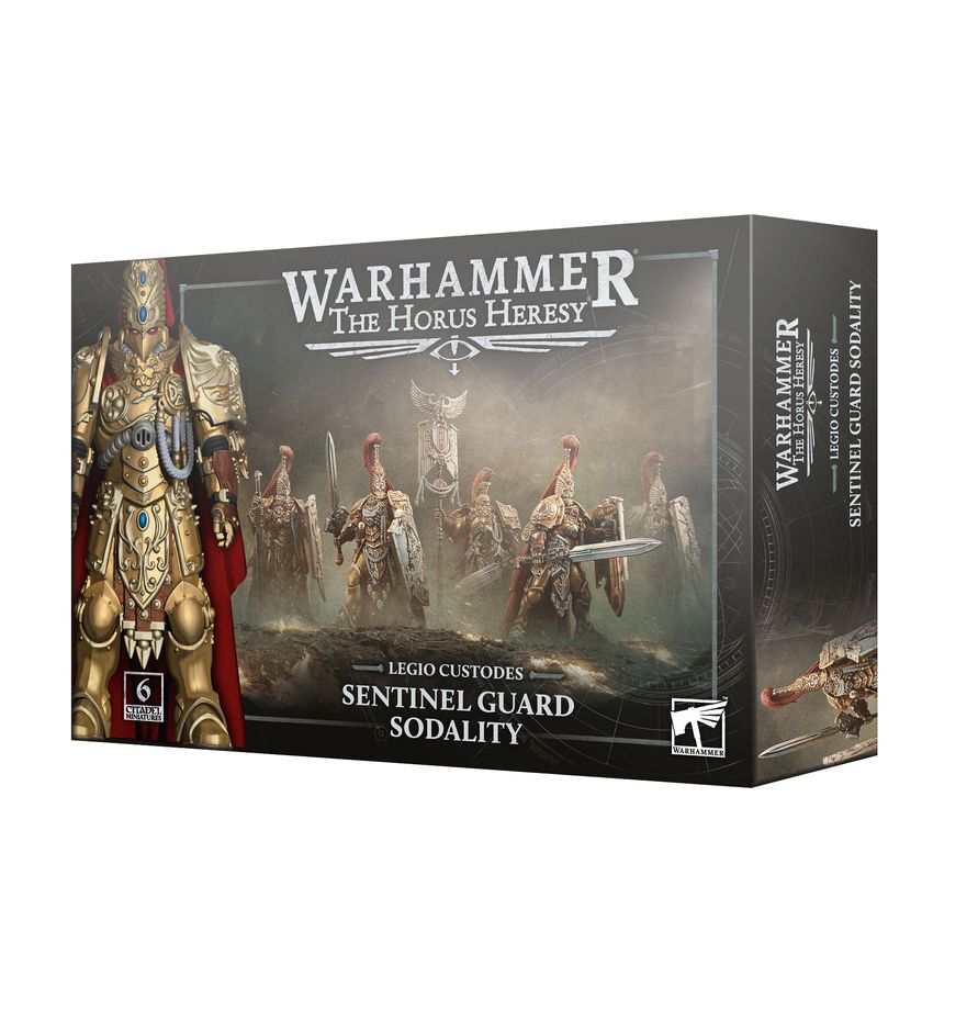 Warhammer: The Horus Heresy - Legio Custodes - Sentinel Guard Sodality (PREORDER) - Warhammer Horus Heresy Legio Custodes Sentinel Guard Sodality box with detailed gold-armored miniatures wielding swords and.