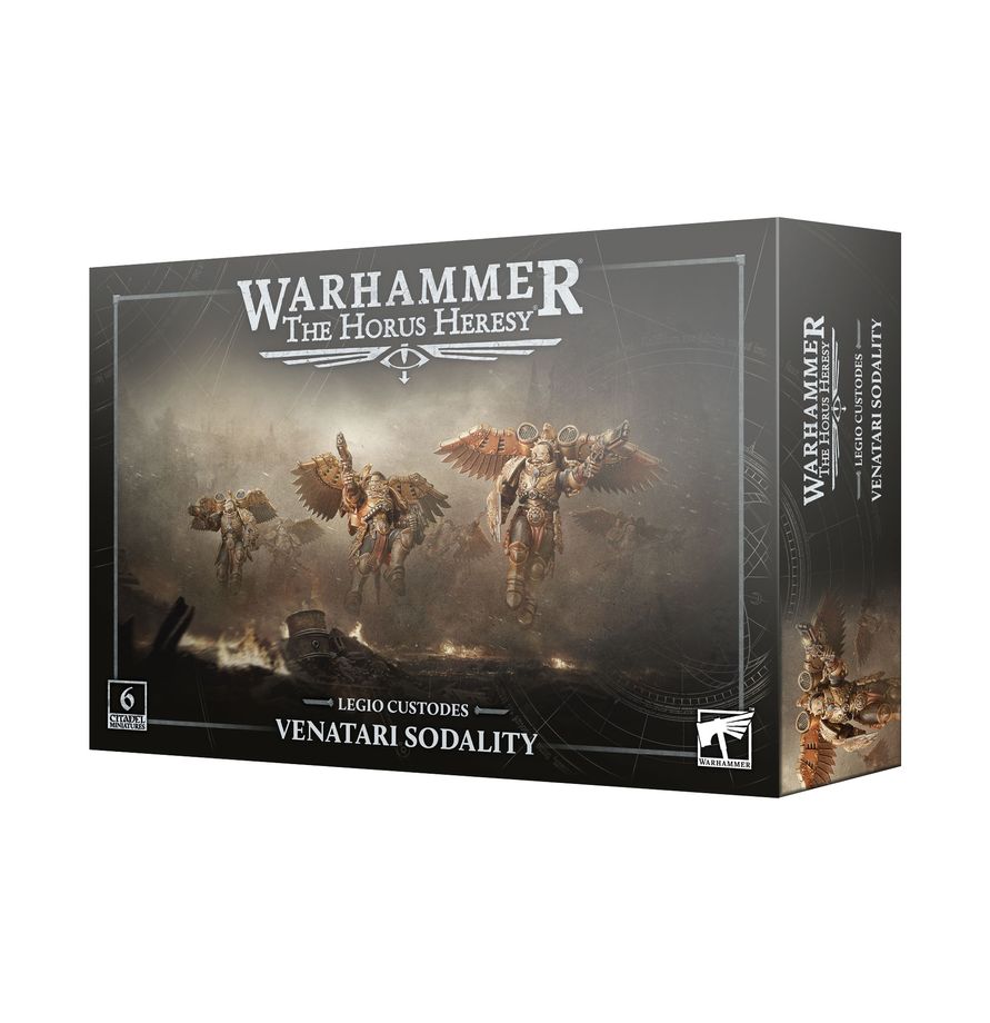 Warhammer: The Horus Heresy - Legio Custodes - Venatari Sodality (PREORDER) - Dark gray Warhammer box featuring three gold-armored futuristic warriors with intricate weapons and wings on the cover.