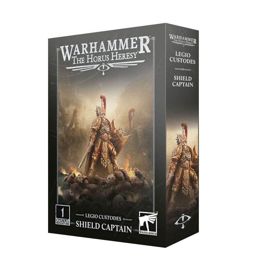 Warhammer: The Horus Heresy - Legio Custodes - Shield Captain (PREORDER) - Warhammer Horus Heresy Legio Custodes Shield Captain miniature box with gold-armored warrior wielding a spear and shield on.