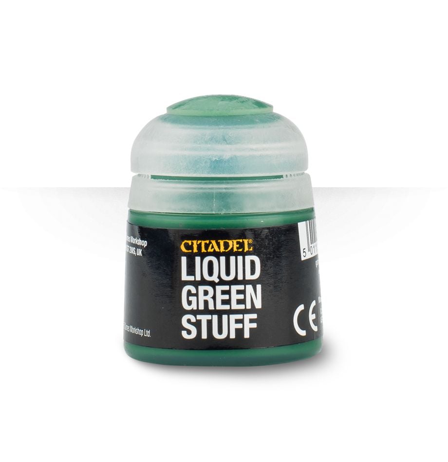 Citadel Liquid Green Stuff - Citadel Liquid Green Stuff paint pot with black label and green cap.