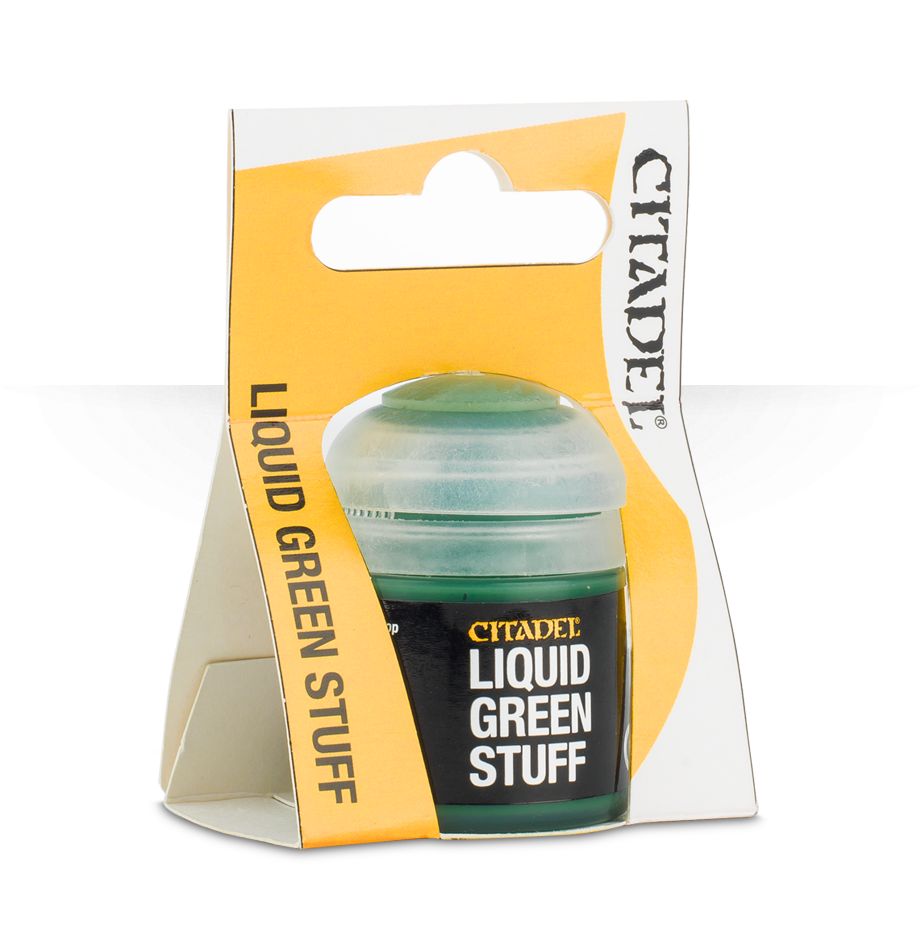 Citadel Liquid Green Stuff - Citadel Liquid Green Stuff miniature paint pot with green lid and yellow packaging sleeve.