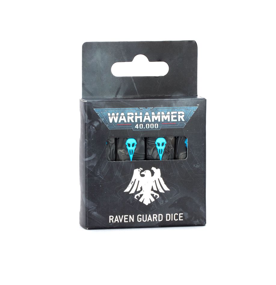 Warhammer 40,000 - Raven Guard - Dice - Black and teal six-sided dice set with skull design, packaged in dark Warhammer 40,000 Raven Guard box.