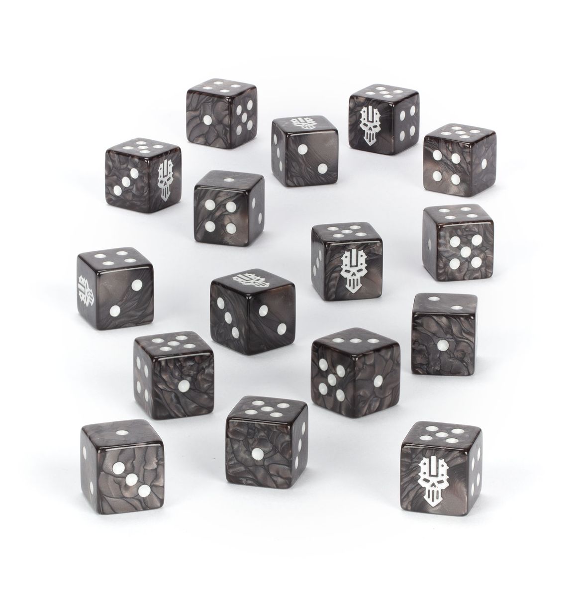 Warhammer 40,000 - Chaos Space Marines - Iron Warriors Dice (PREORDER) - Set of 15 black marbled six-sided dice with white pips and Iron Warriors emblem on one side.