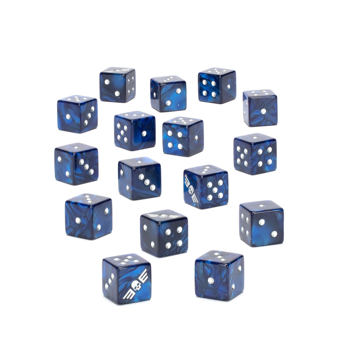 Warhammer 40,000 - Astra Militarum - Dice - Set of fifteen blue six-sided dice with white pips and a Warhammer 40,000 Astra Militarum emblem on one die.