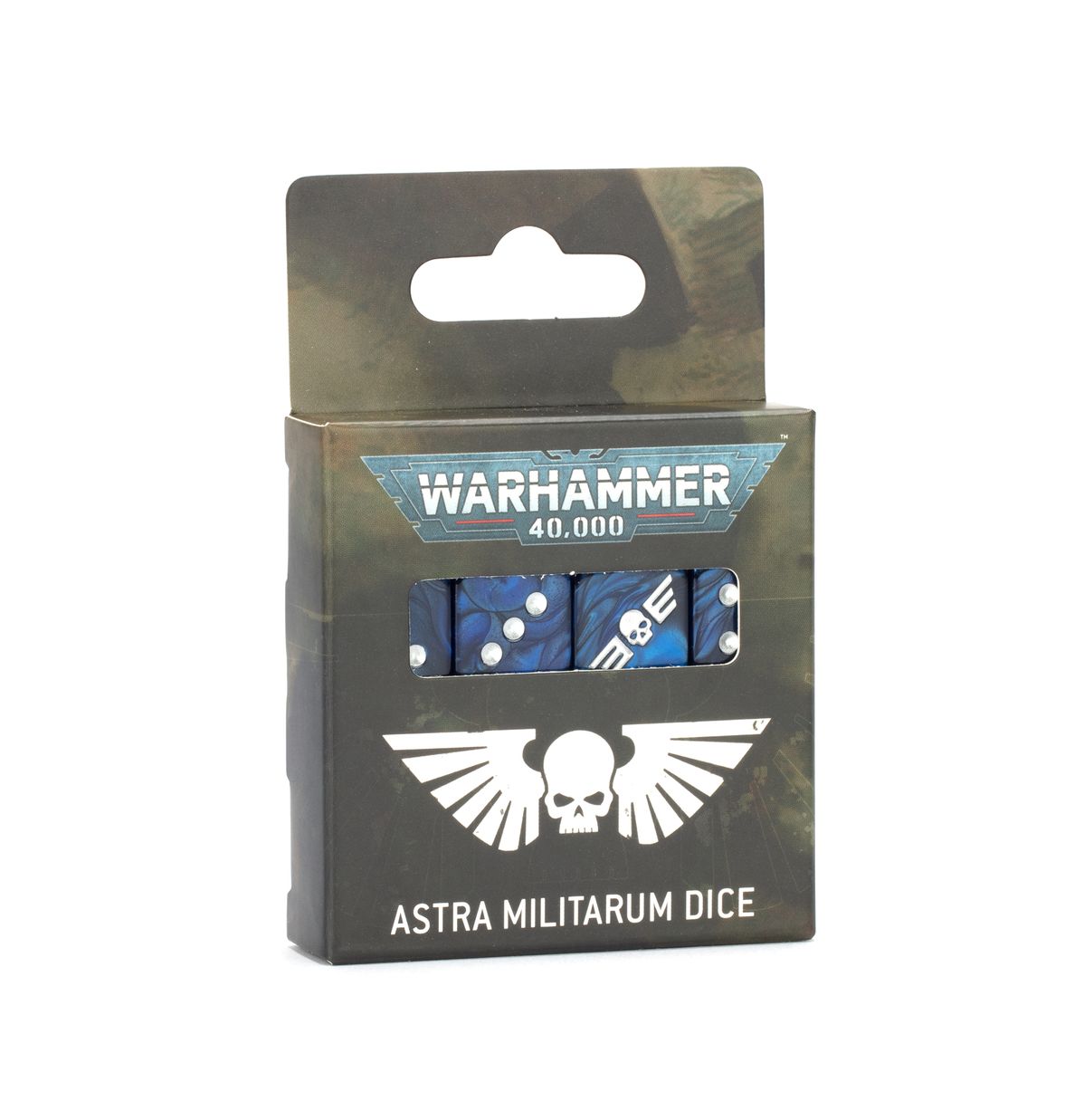 Warhammer 40,000 - Astra Militarum - Dice - Set of six blue six-sided dice with white pips and Astra Militarum insignia in black and white box packaging.