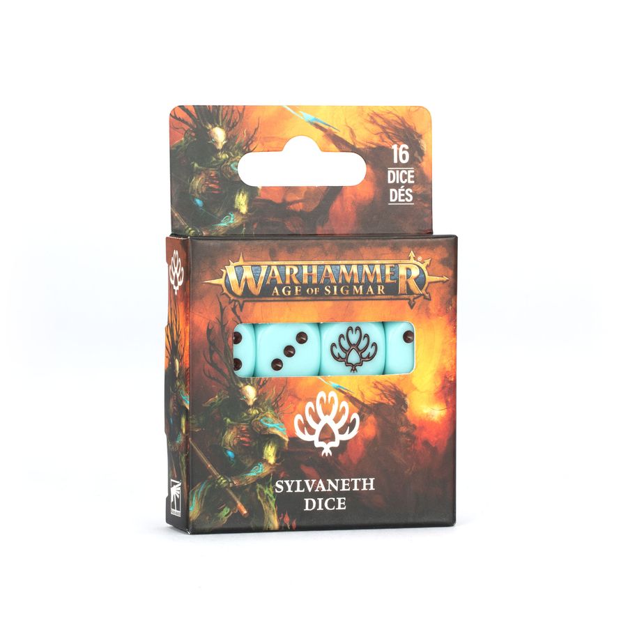 Warhammer Age of Sigmar - Sylvaneth - Dice (PREORDER) - Set of six light blue six-sided dice with dark green Sylvaneth tree symbols, in fiery themed Warhammer Age of Sigmar.