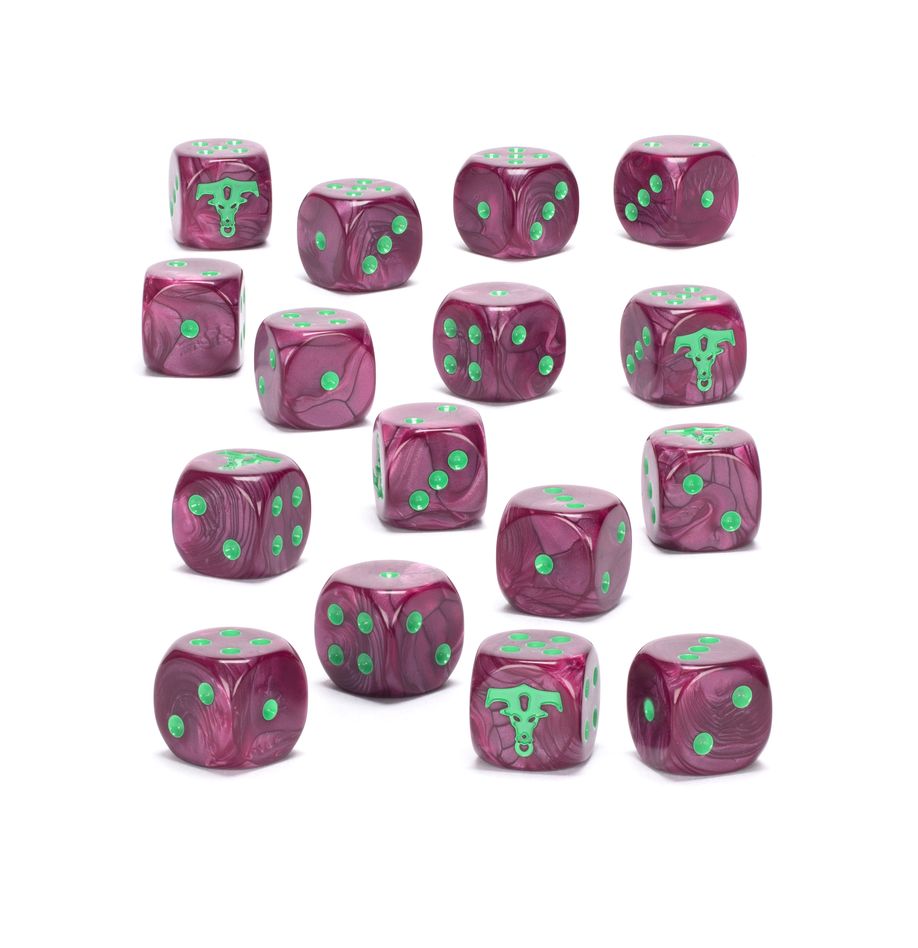 Warhammer Age of Sigmar - Helsmiths of Hashut - Dice (PREORDER) - Purple marbled six-sided dice with bright green pips and decorative sigil markings.
