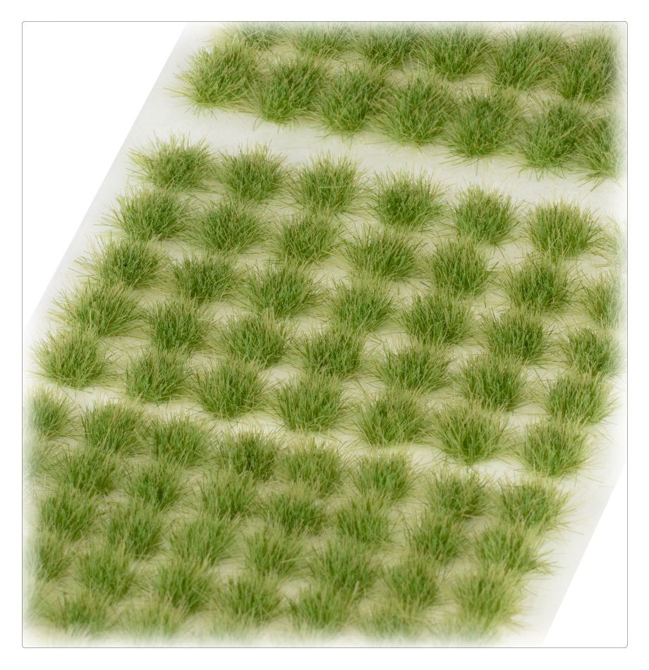 Citadel Colour - Tufts - Verdia Veldt - Sets of dense green grass tufts arranged neatly on white backing sheet.