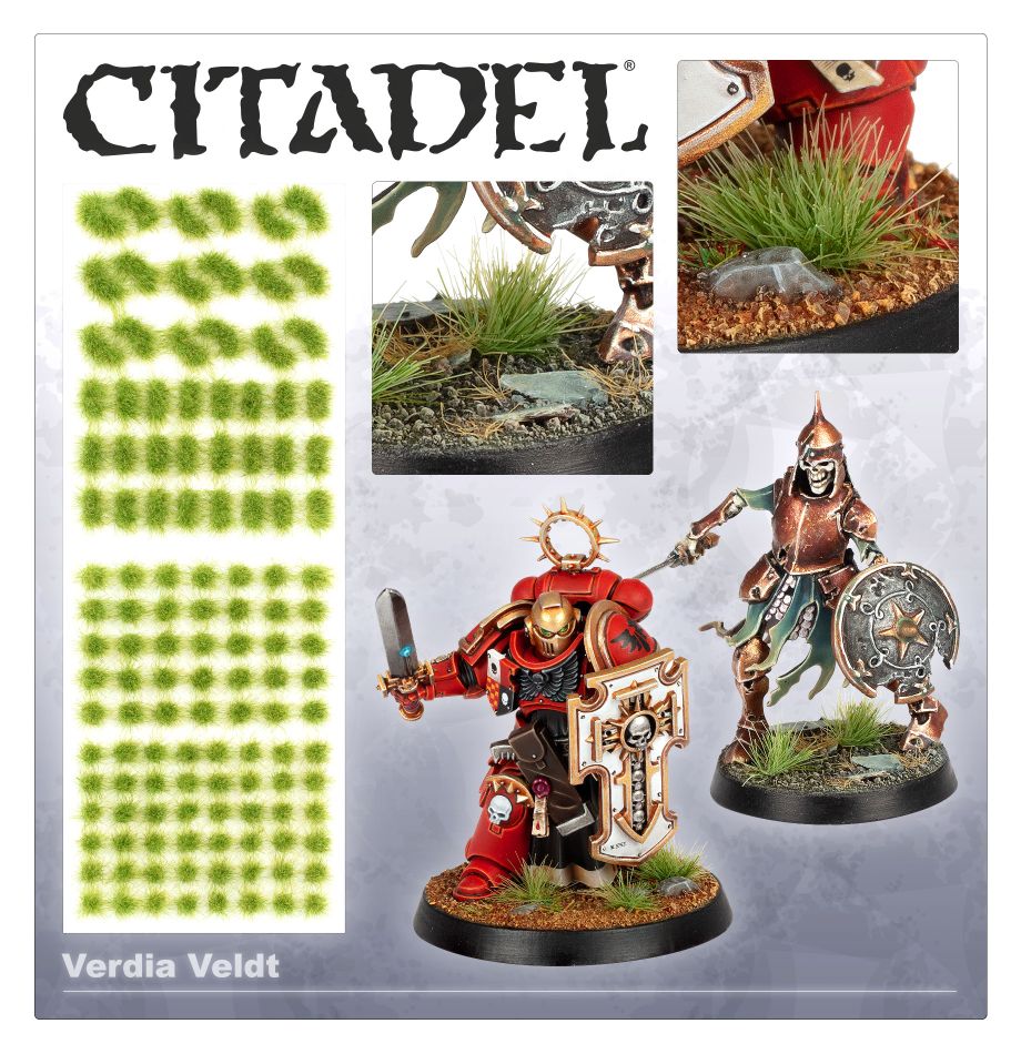 Citadel Colour - Tufts - Verdia Veldt - Sheet of various sized green grass tufts for miniature bases with images showing them applied to miniature scenery and.