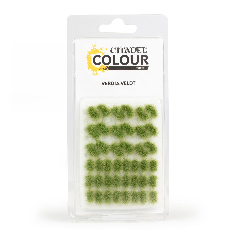 Citadel Colour - Tufts - Verdia Veldt - Pack of small green grass tufts arranged in six rows in clear plastic blister packaging labeled Citadel Colour Verdia Veldt.