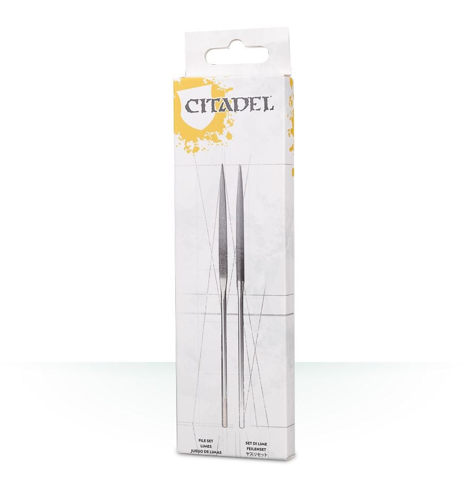 Citadel Tools - File Set - Set of two slender silver metal files with fine textured surfaces, packaged in a white cardboard card with yellow and black.
